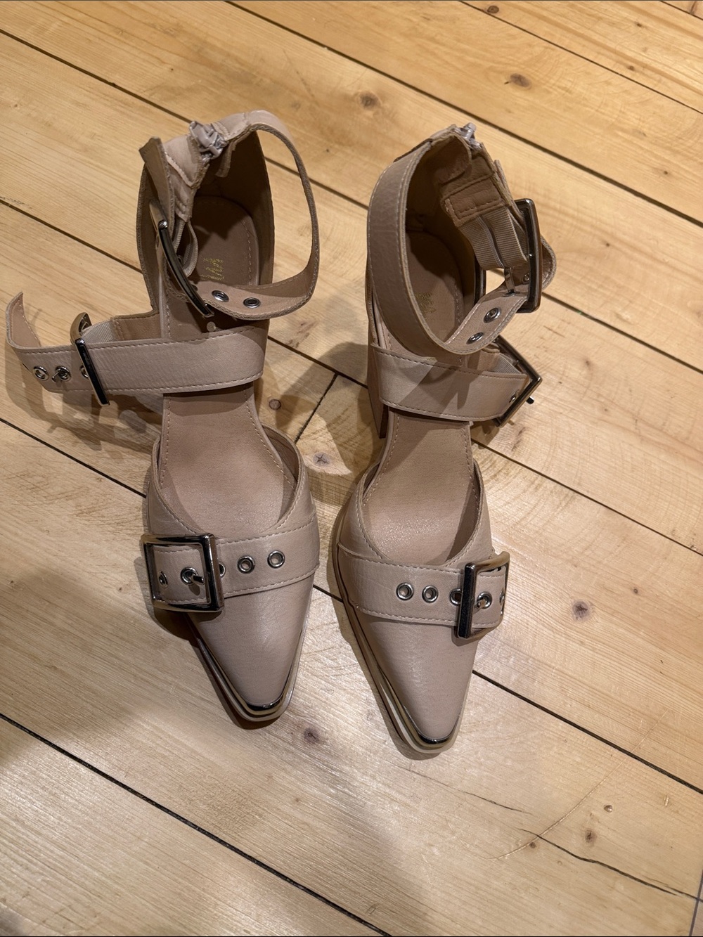 Mi.iM Beige Pointed Buckle Ankle-Strap Heels